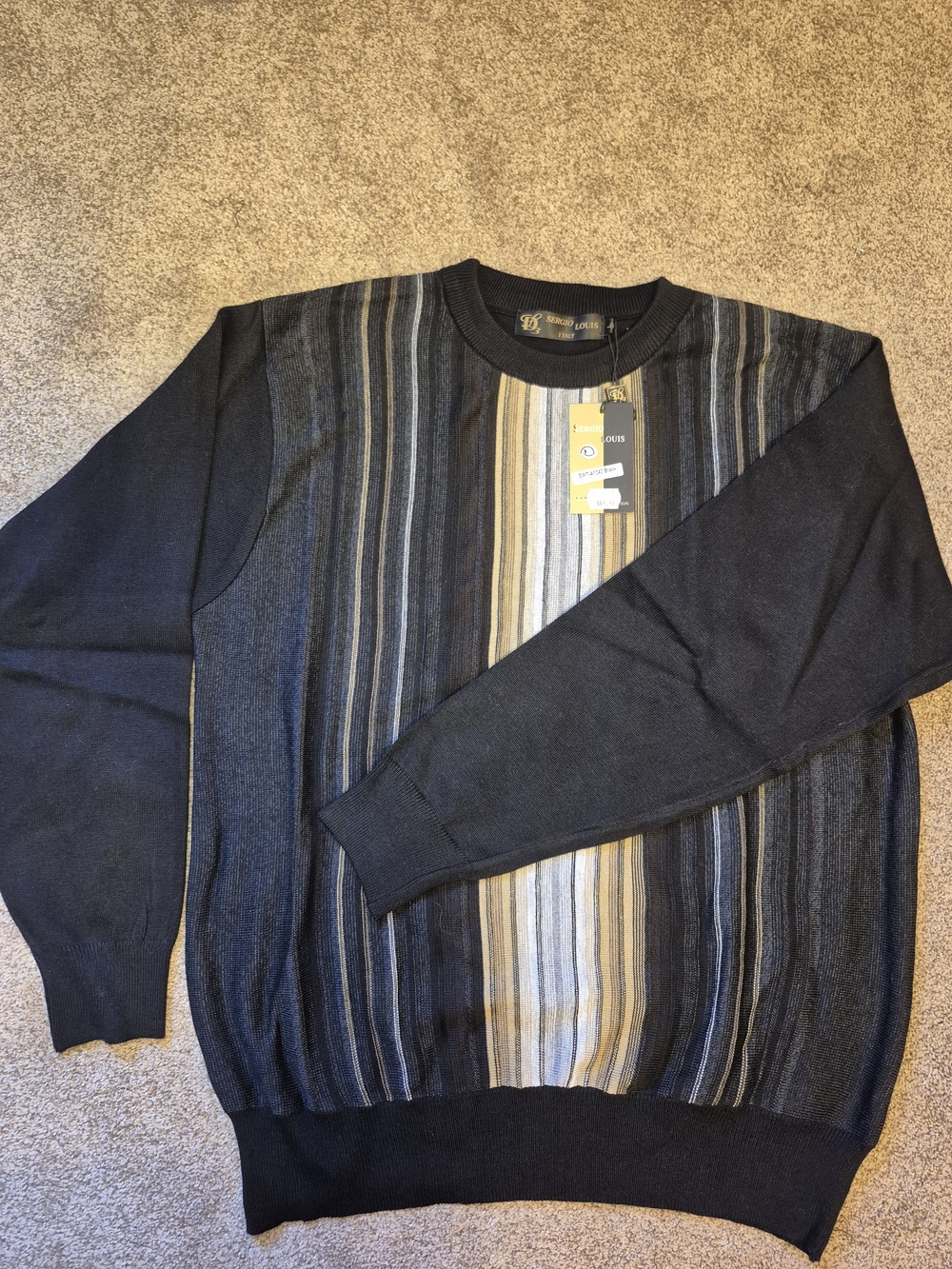 Vintage Italy Classic Men’s Crewneck Sweater in Black and Stripe Large